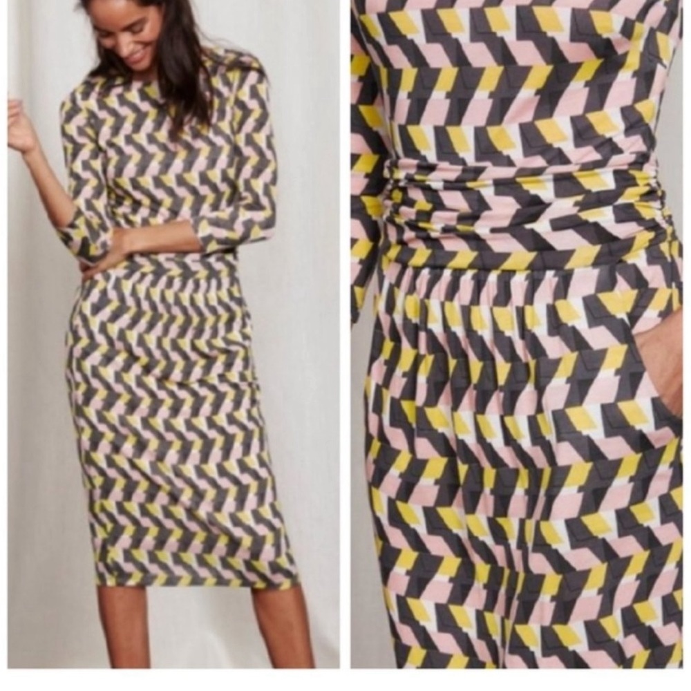 BODEN mod print ruched waist pocket midi stretch jersey dress